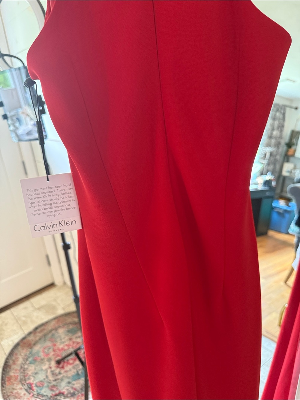 Calvin Klein Red Halter Maxi Dress with Beaded Neckline - Picture 12 of 12
